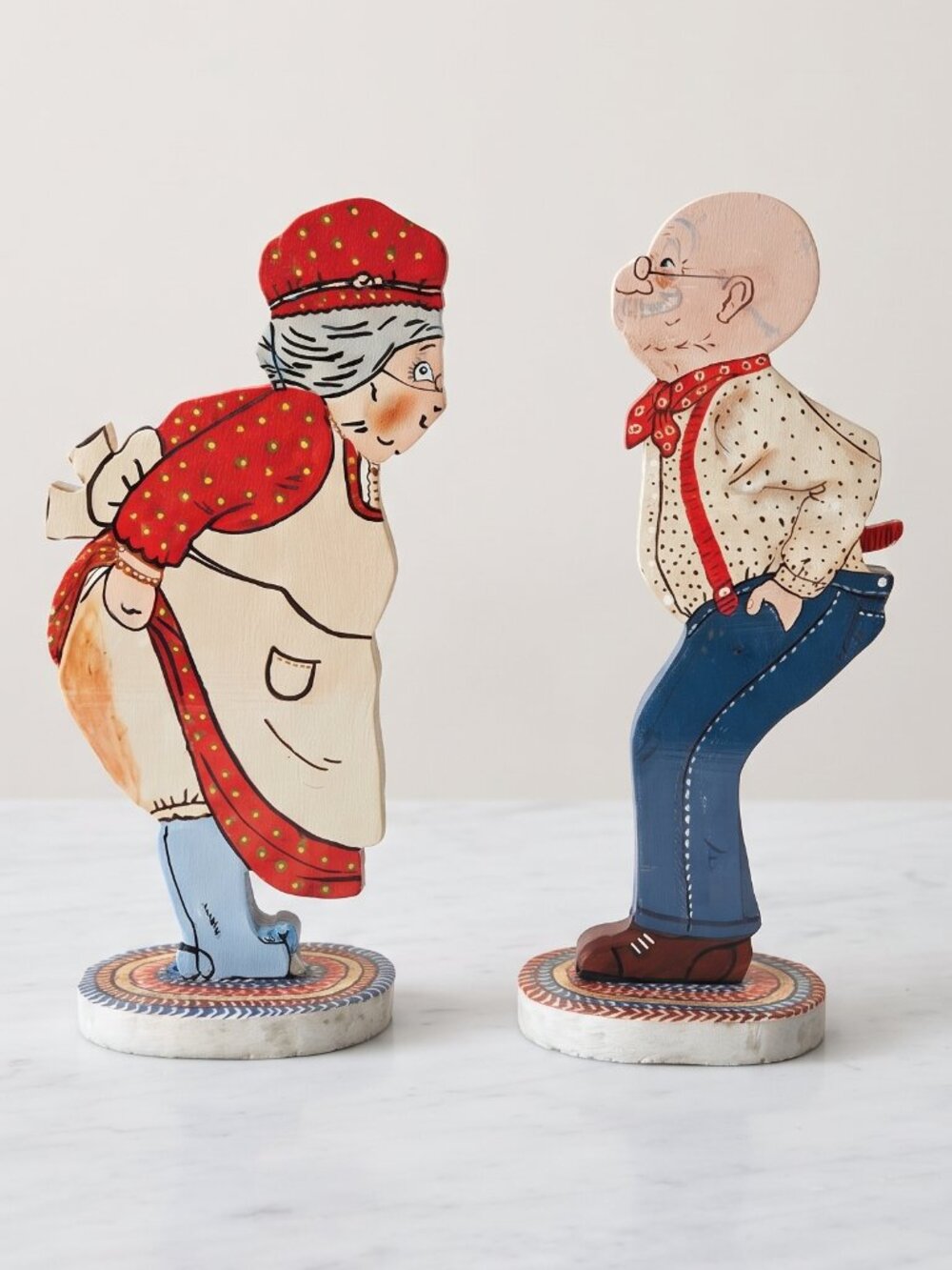 Vintage Handmade Primitive Folk Art Painted Wood Old Couple Figurines Pair 14"